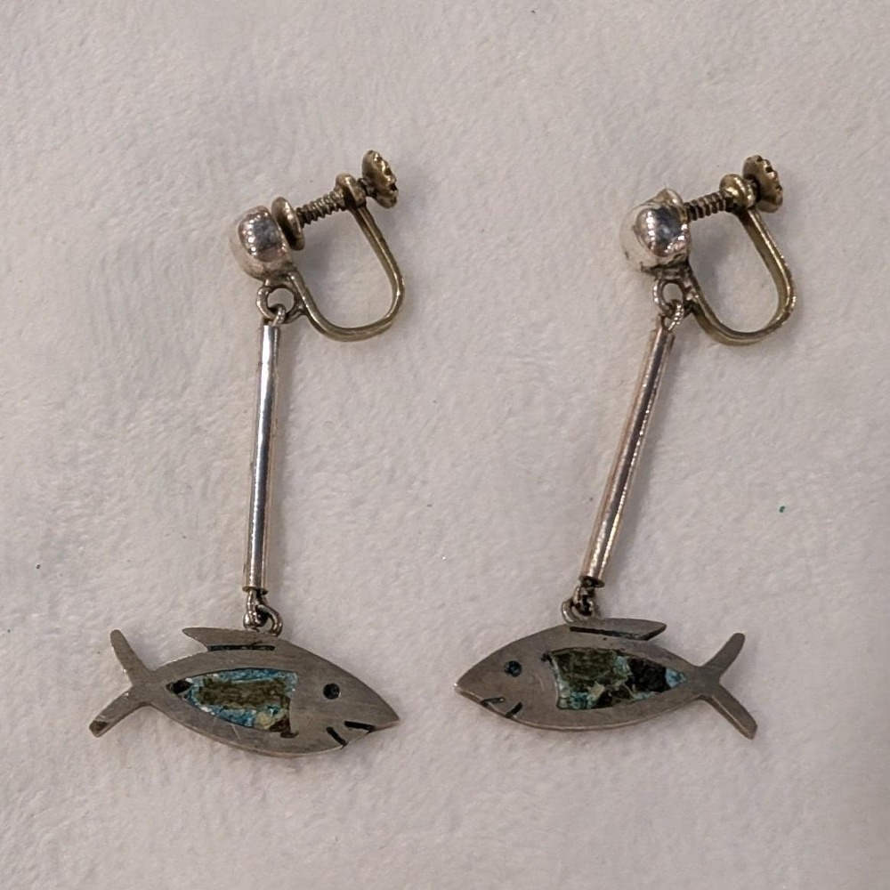 Vintage Mexican Sterling Silver Fish Drop Earrings Screw Back Taxco Artisan